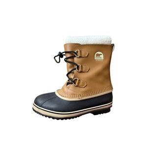 Sorel Mens Tan Black Leather Faux Fur Lined Waterproof Winter Boots Size M 7 W 9